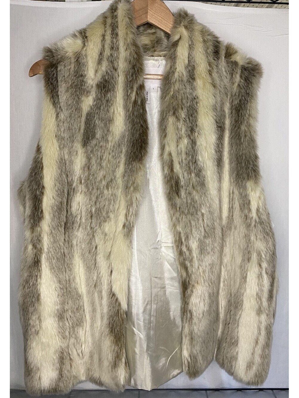 BCNGeneration Faux Fur Vest Cream Brown Large Boho Beige Two Tone